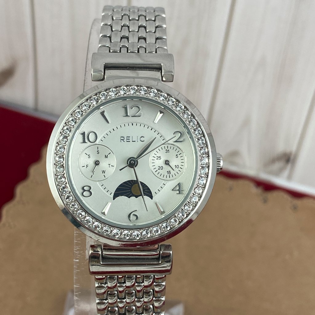 Vintage Relic Crystal Bezel Moon Phase Chronograph Stainless Steel Watch